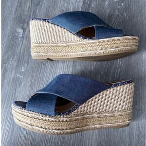 KANNA Spain denim fabric criss cross slide on espadrille wedge heels sandals